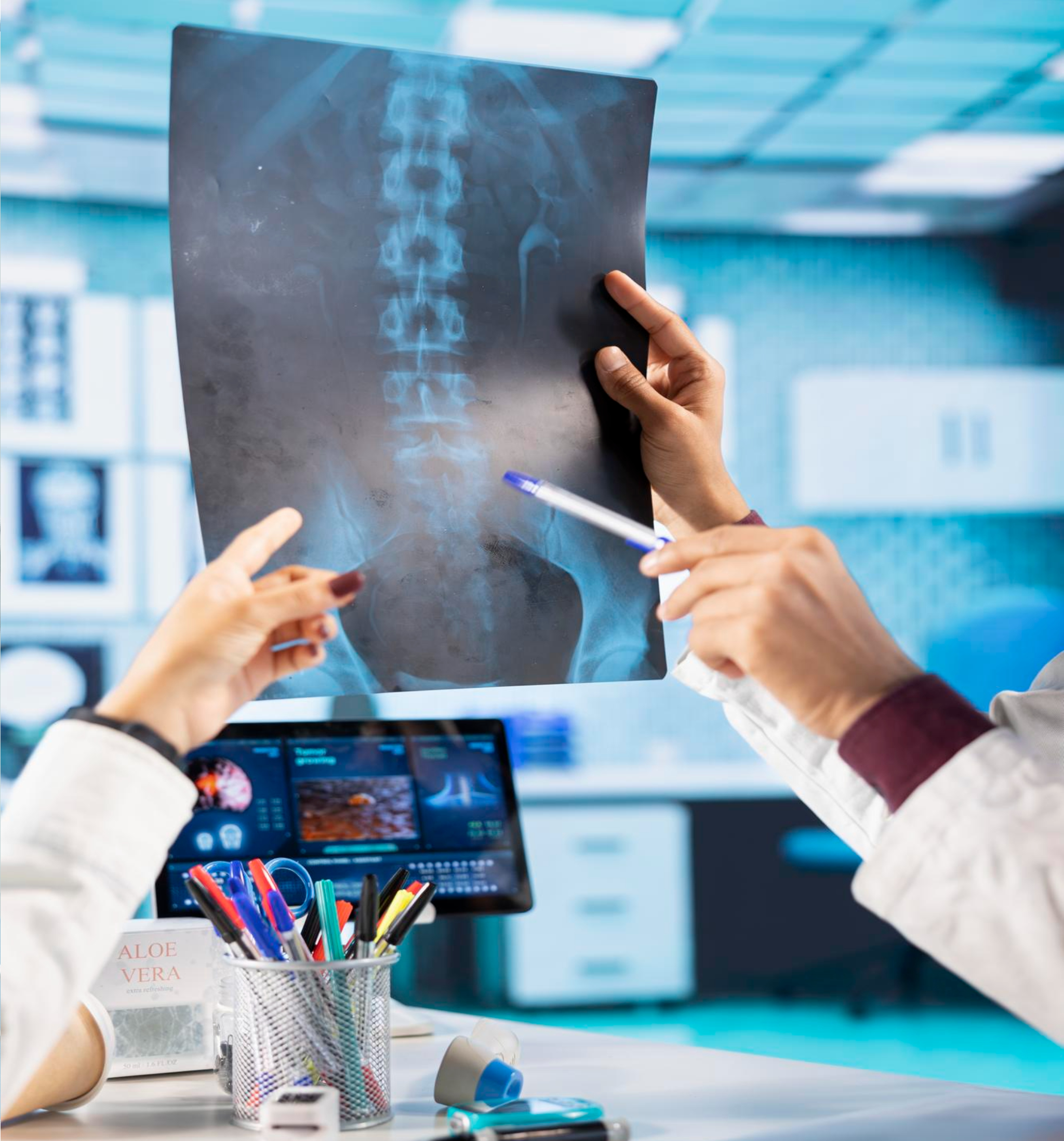 Doctor holding an X-ray film and reviewing digital diagnostic scans on a monitor with a patient in an office.