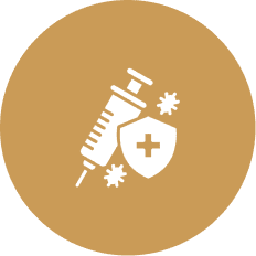 Vaccine syringe and shield icon on circle.